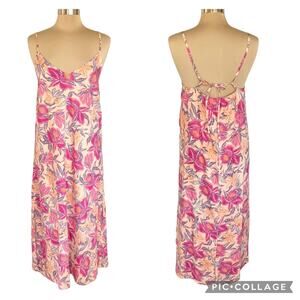 Old Navy Pink & Orange Floral Print Midi Length Sundress Sz MED Tropical Resort